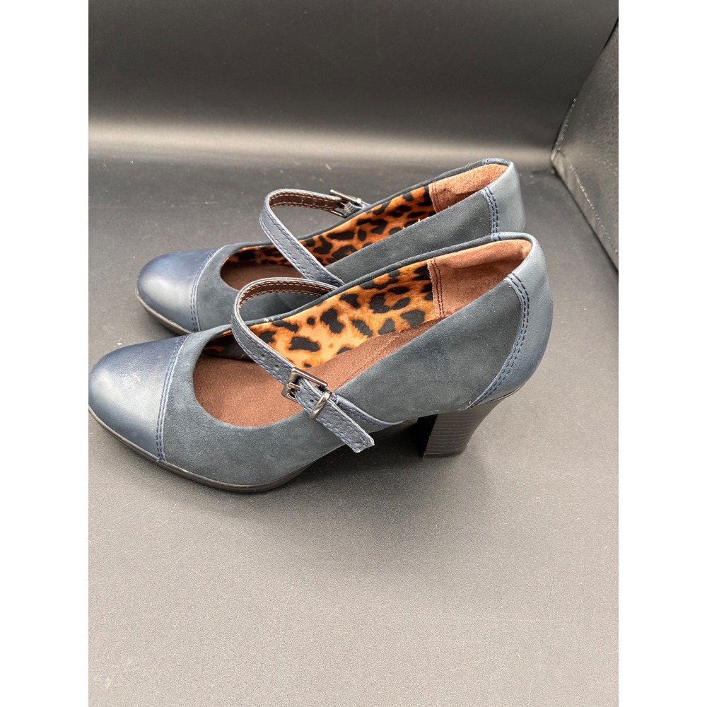 Clarks Bendables Navy Blue Leather Suede Mary Jane Pumps Leopard Print 7M 60595 - Picture 5 of 11